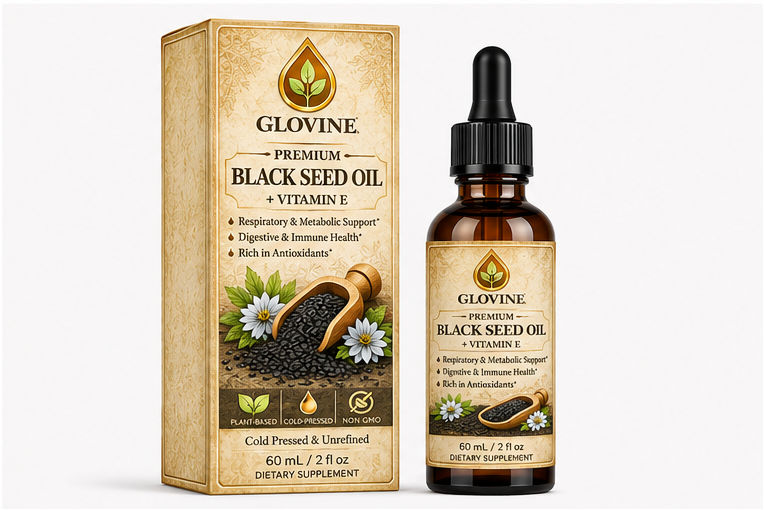 Glovine seed oil products including boxes and droppers on a white background