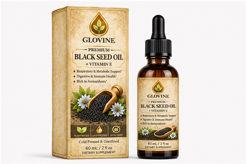 Glovine seed oil products including boxes and droppers on a white background