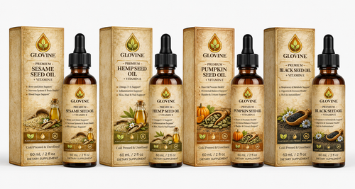 Glovine seed oil products including boxes and bottles on a white background