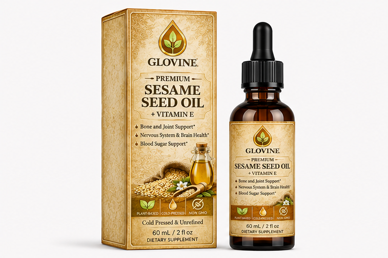 Glovine seed oil products including boxes and droppers on a white background